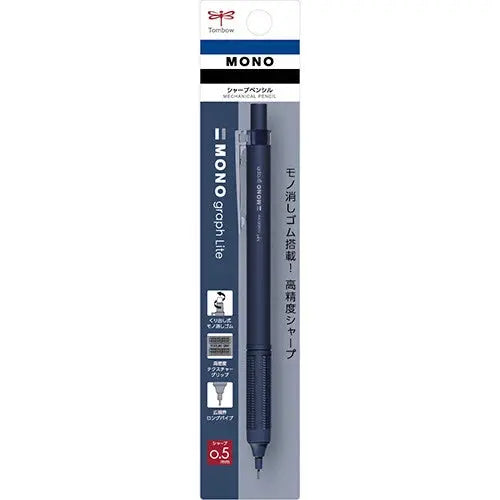Tombow Mono Graph Lite versatil kalem lacivert gövdeyle Japonca ambalajında, 0.5 mm