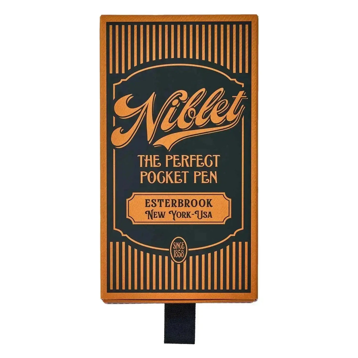Esterbrook Niblet kutusu, turuncu ve koyu yeşil retro tipografi, Since 1858 rozeti