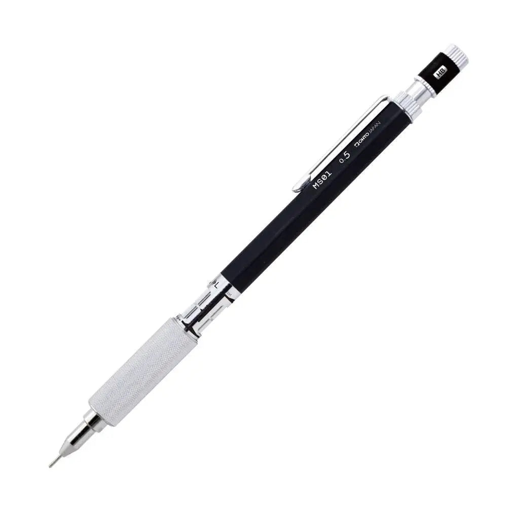Ohto MS01 versatil kalem siyah gövde, tırtıklı metal kavrama ve HB göstergeli başlık, 0.5 mm