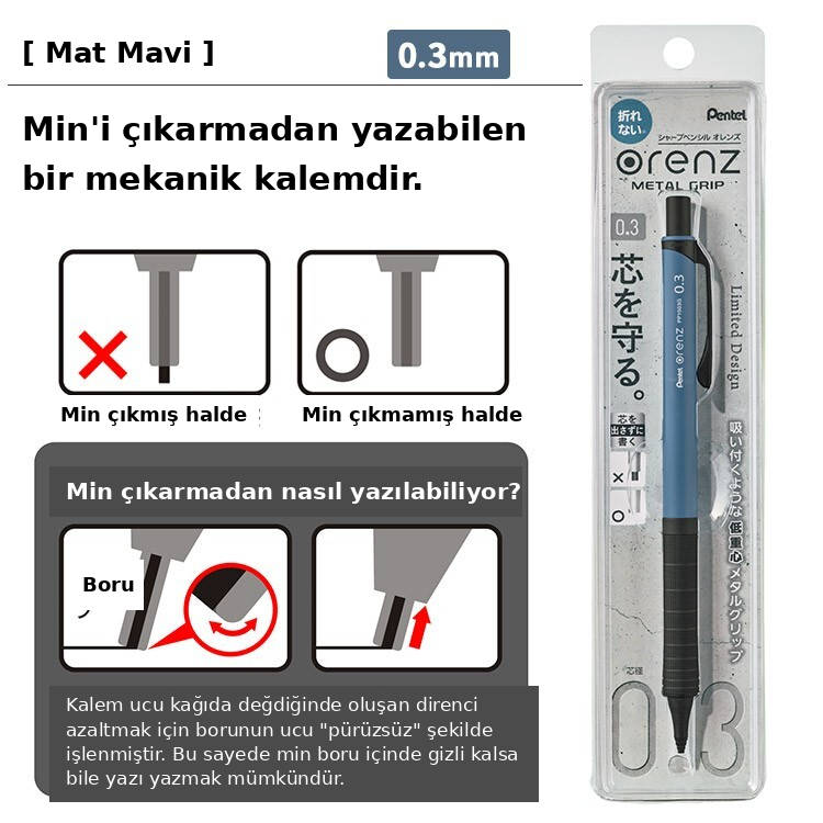 Orenz Metal Grip bilgi grafiği, min çıkmadan yazma prensibini borulu uçla anlatan Türkçe şema