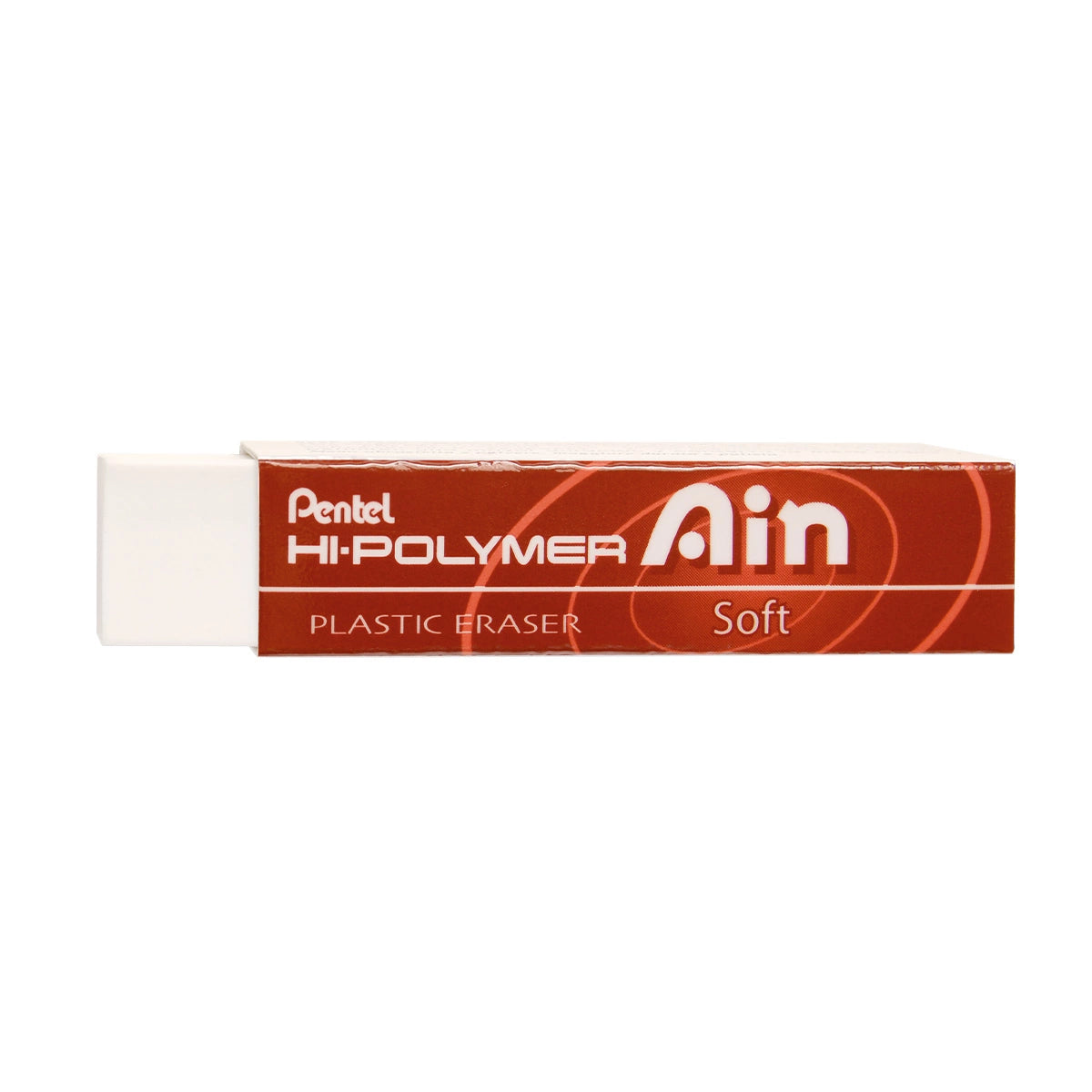 Pentel Ain Hi-Polymer Soft silgi, kırmızı karton kılıfından yarı çıkmış beyaz silgi gövdesi