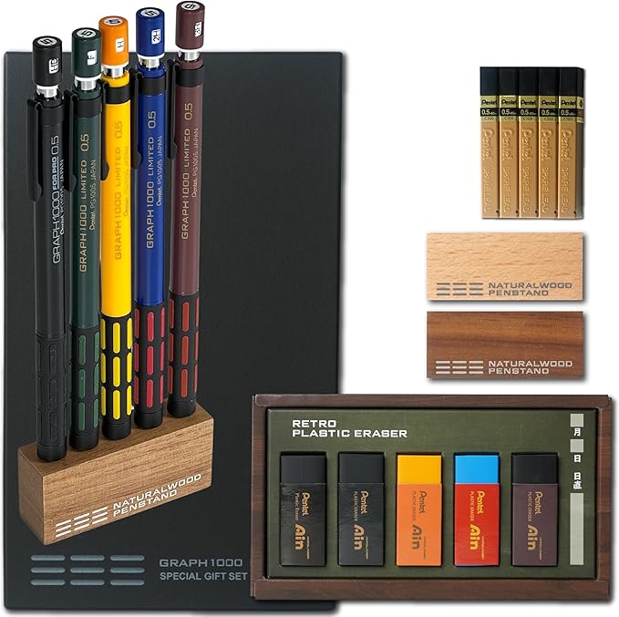Pentel Graph 1000 Limited retro renk seti; beş versatil kalem ahşap stantta, yedek uçlar ve Ain silgiler