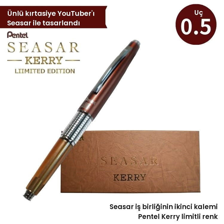 Pentel Kerry Seasar limitli seri versatil kalem, kahve mat kapak ve bal rengi yarı saydam gövde, özel kutusunun önünde