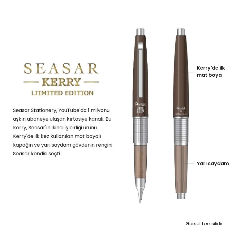 Pentel Kerry Seasar kalemin kapaklı ve kapaksız çizimi; mat boyalı kapak ve yarı saydam gövde işaretli