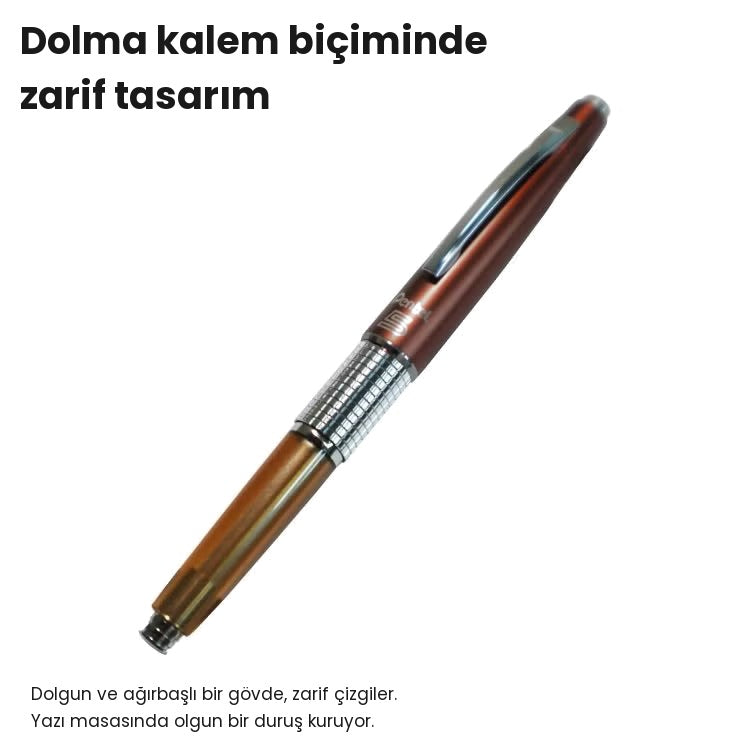 Pentel Kerry Seasar versatil kalem kapağı takılı halde tam boy, dolma kalem biçiminde kahve gövde