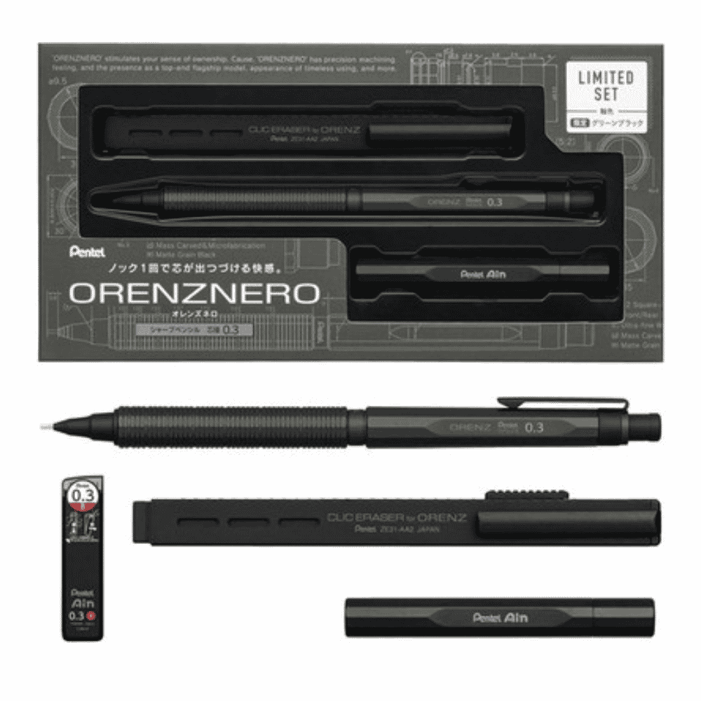 Pentel Orenz Nero limitli set kutusu ve içeriği alt alta: mat yeşil siyah versatil kalem, silgi, uç kutusu, 0.3 mm