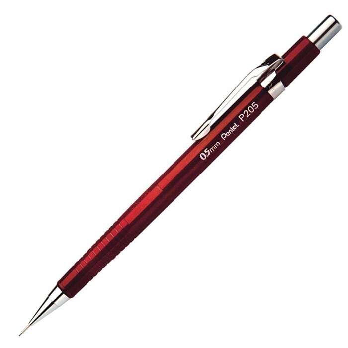 Pentel P205 versatil kalem bordo kırmızı gövde, krom klips ve ince metal uç, tam boy 0.5 mm
