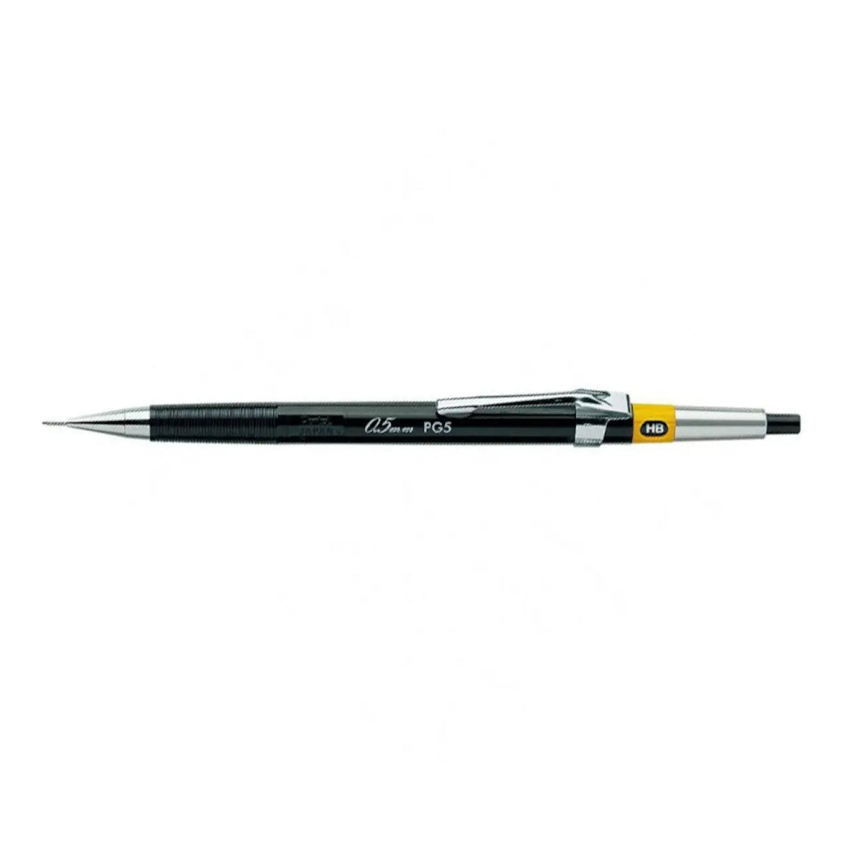 Pentel PG5 siyah kalem yatay konumda, uç borusundan tıklama başlığına kadar tam boy görünüm