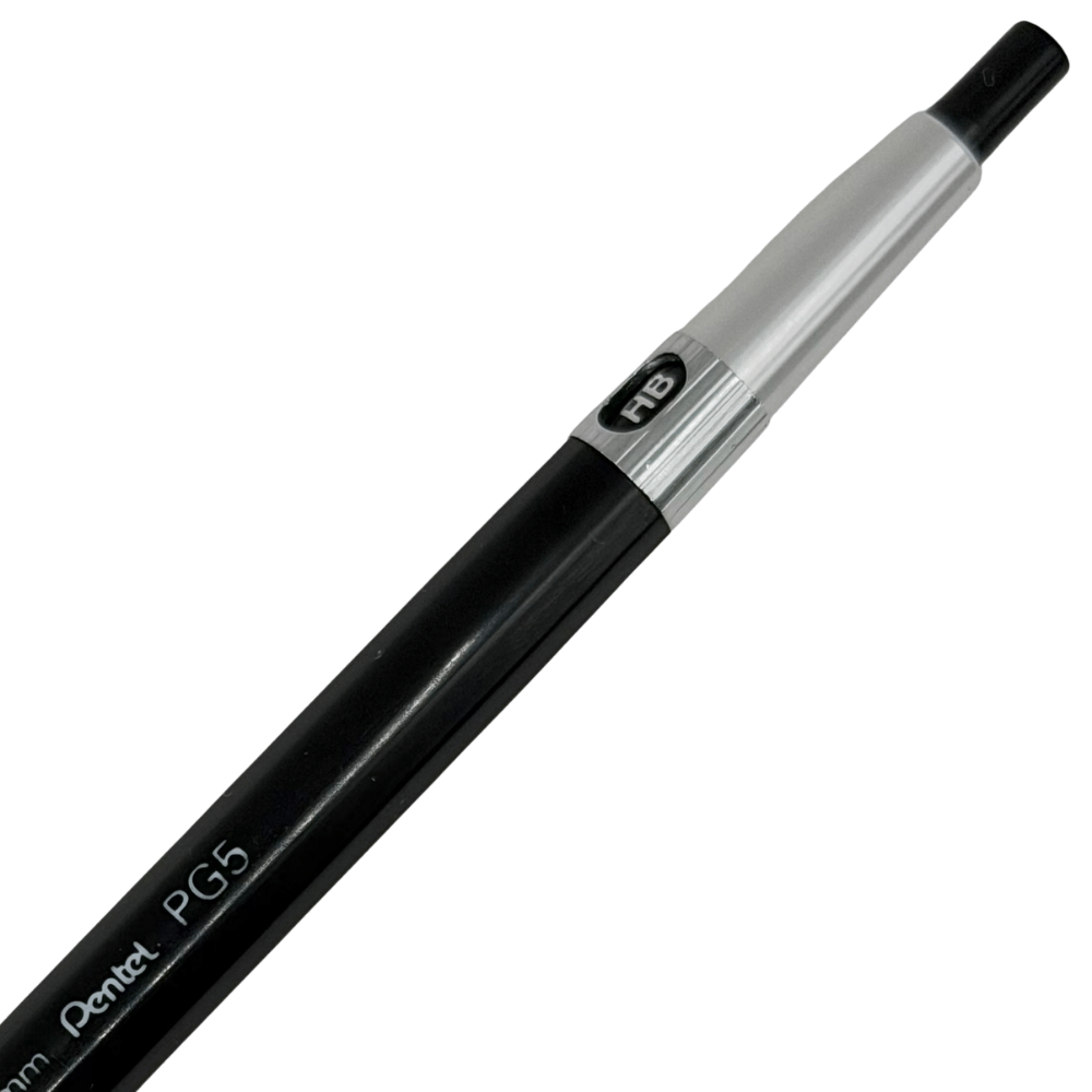 Pentel PG5 gümüş halkalı üst gövde ve siyah tıklama başlığı, HB sertlik göstergesi görünür