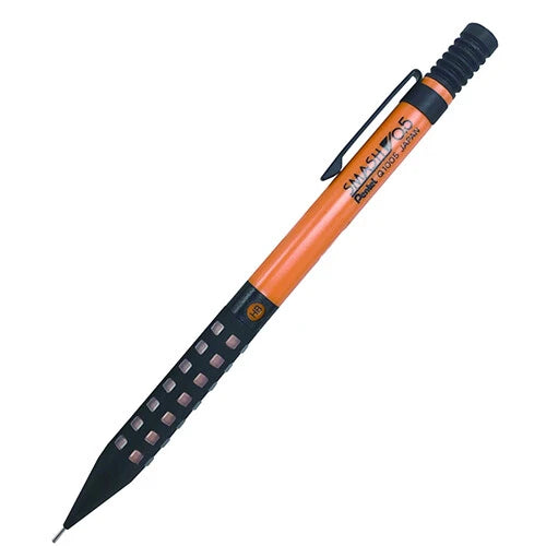 Pentel Smash turuncu gövde, siyah kare kavrama noktaları ve klips, tam boy görünüm, 0.5 mm