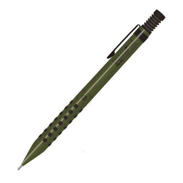 Pentel Smash versatil kalem haki yeşil gövde, siyah kavrama noktaları ve yivli başlık, açılı tam boy, 0.5 mm