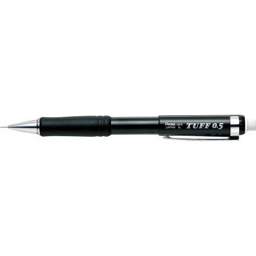 Pentel Tuff versatil kalem siyah gövde, kauçuk kavrama ve krom uç, yatay tam boy, 0.5 mm