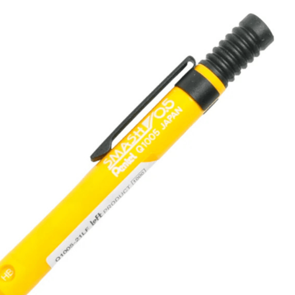 Pentel Smash kalemin SMASH 0.5 baskılı üst gövdesi, siyah klipsi ve yivli tıklama başlığı