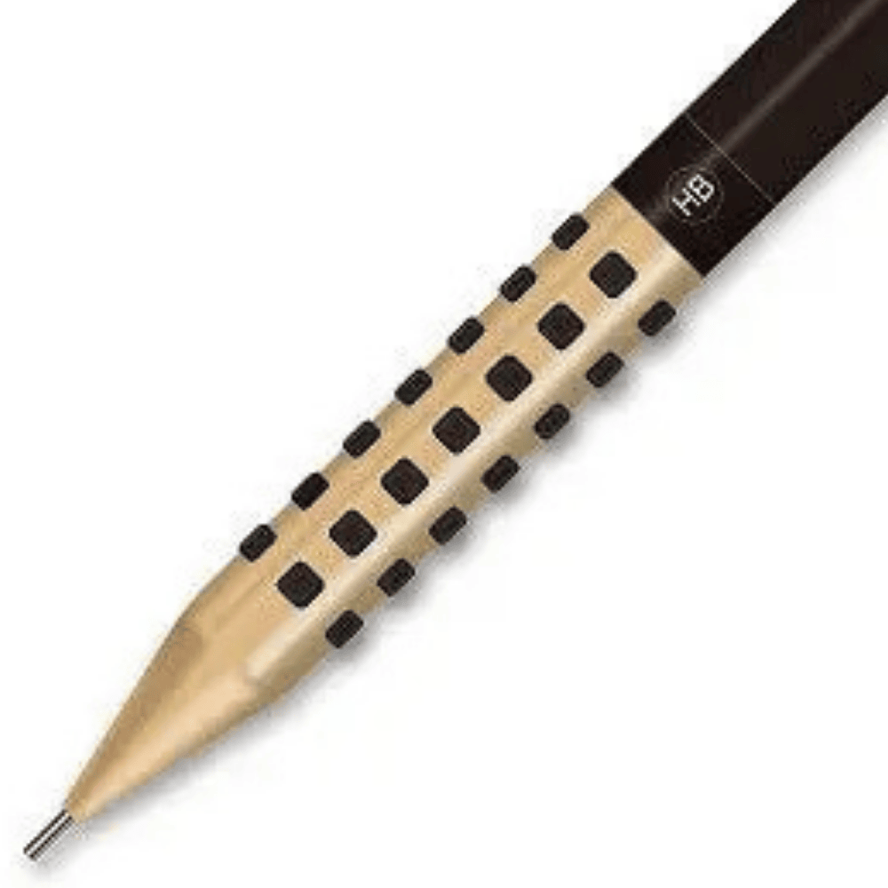 Pentel Smash 0.3 kalemin altın rengi kavraması ve siyah kauçuk noktaları yakın çekim, HB işareti görünür