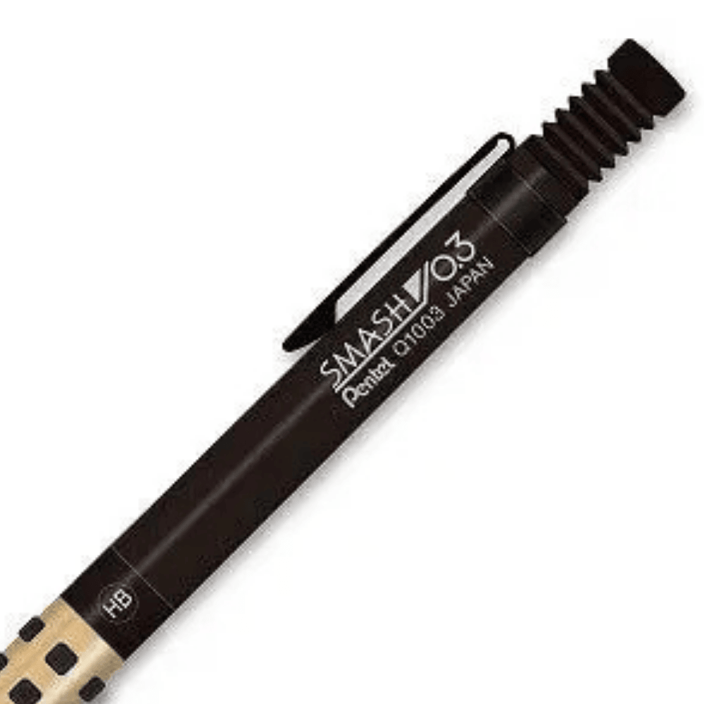 Pentel Smash kaleminin klipsi ve gövde yazısı: Smash 0.3, Pentel Q1003 Japan