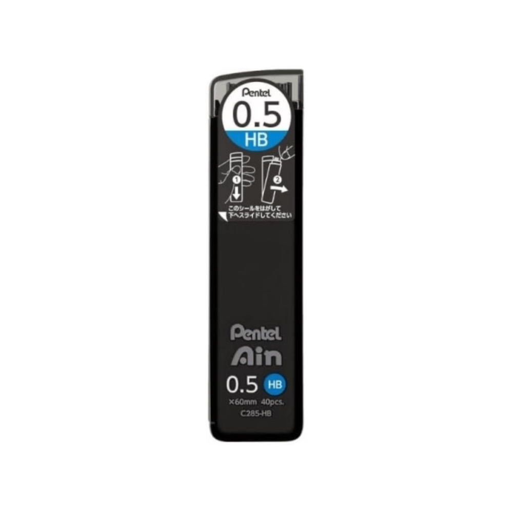 Pentel Ain 0.5 mm HB versatil kalem ucu tüpü, siyah kapak üzerinde 0.5 HB işareti