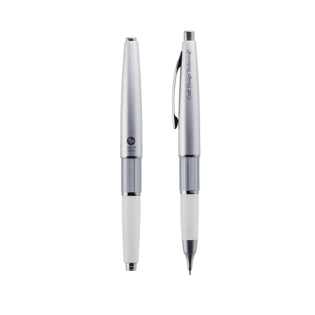 Pentel Kerry Craft Design kalemin kapalı ve kapağı arkaya takılı iki hali yan yana, uç görünür