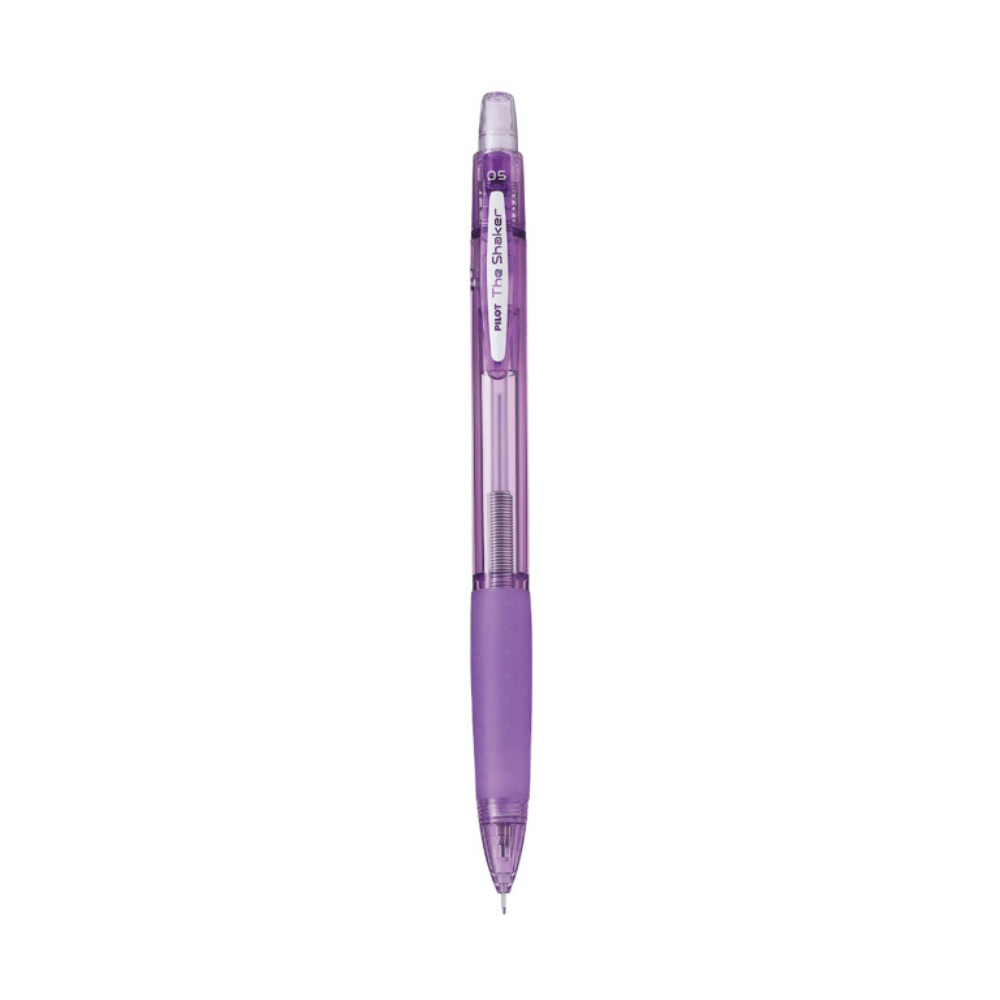 Pilot The Shaker versatil kalem lila şeffaf gövde, klips ve tıklama başlığı görünür, 0.5 mm