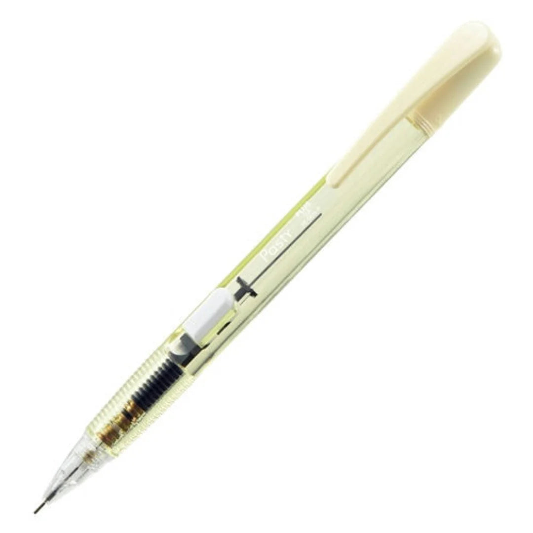 Plus Side Knock versatil kalem şeffaf krem gövde, yandan tıklama düğmesi görünür, 0.5 mm