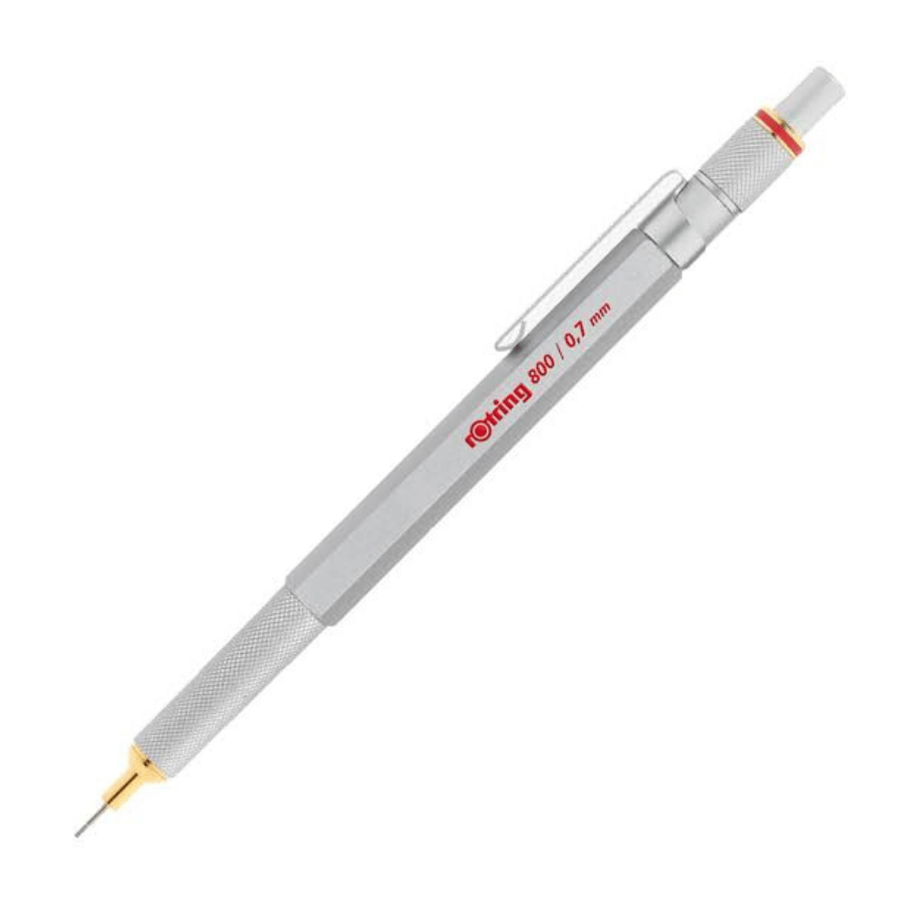 Rotring 800 gümüş gövdeli versatil kalem, tırtıklı kavrama ve altın rengi uç kovanı, 0.7 mm
