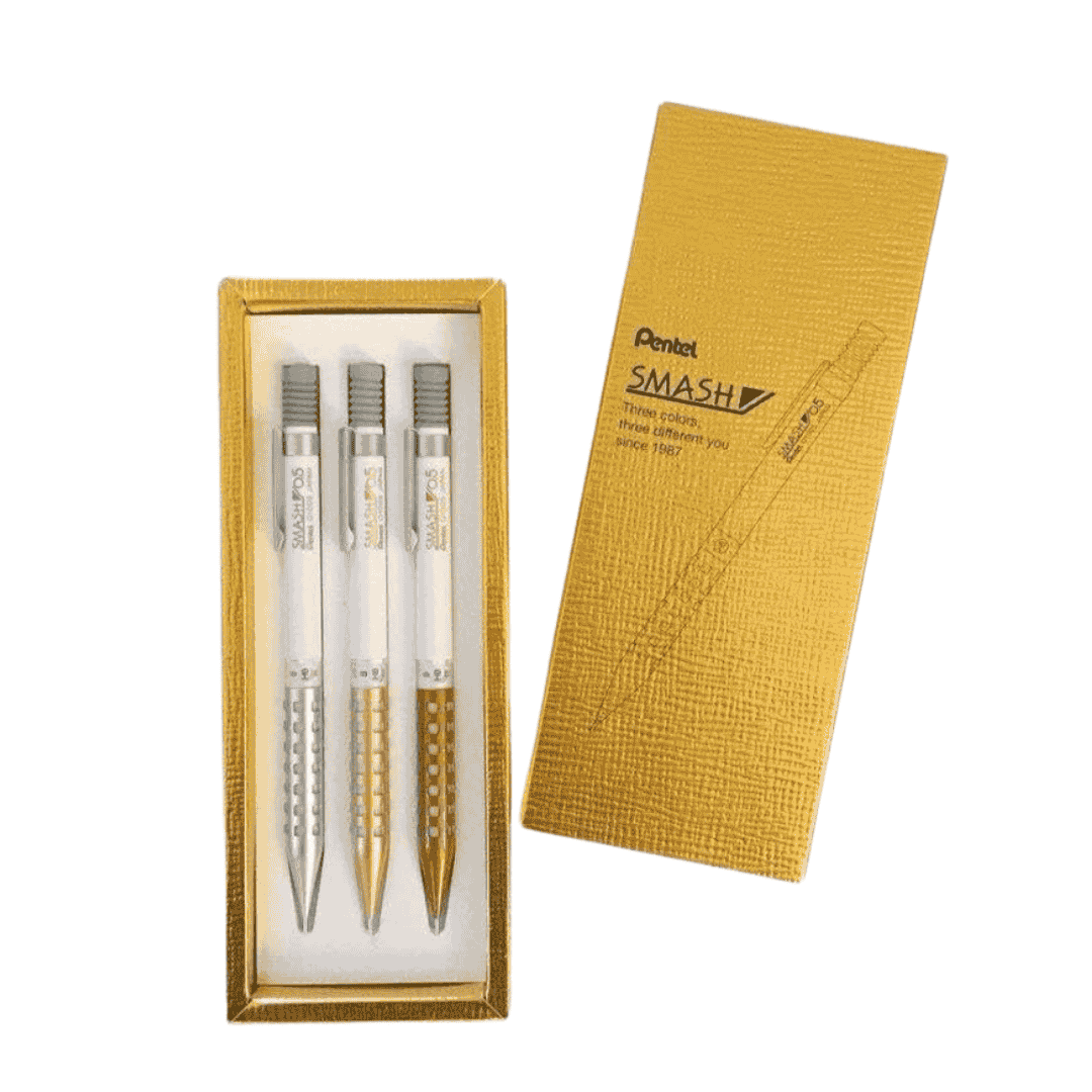 Pentel Smash Tsutaya limited seti altın rengi kutusunda, içinde üç beyaz gövdeli kalem, 0.5 mm