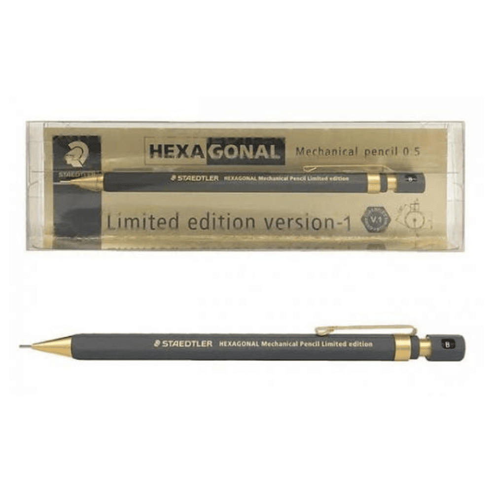 Staedtler Hexagonal Limited Edition version-1 kalem, şeffaf kutusu ve kalemin tam boyu bir arada