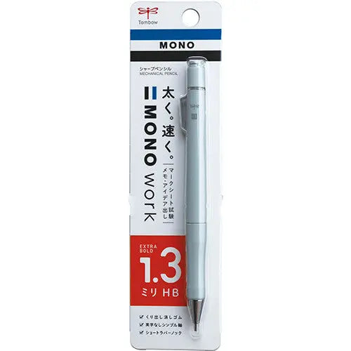 Tombow MONO work 1.3 mm kalem blister ambalajında, Japonca tanıtım baskısı ve HB işareti
