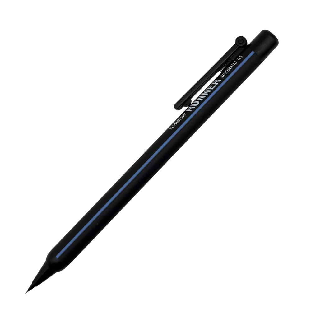 Tombow Runner vintage versatil kalem mat siyah gövde ve mavi çizgi şeridi, tam boy, 0.5 mm