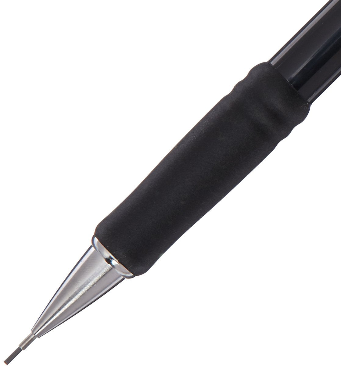 Pentel Tuff kaleminin yumuşak kauçuk kavraması ve krom konik ucu makro çekim