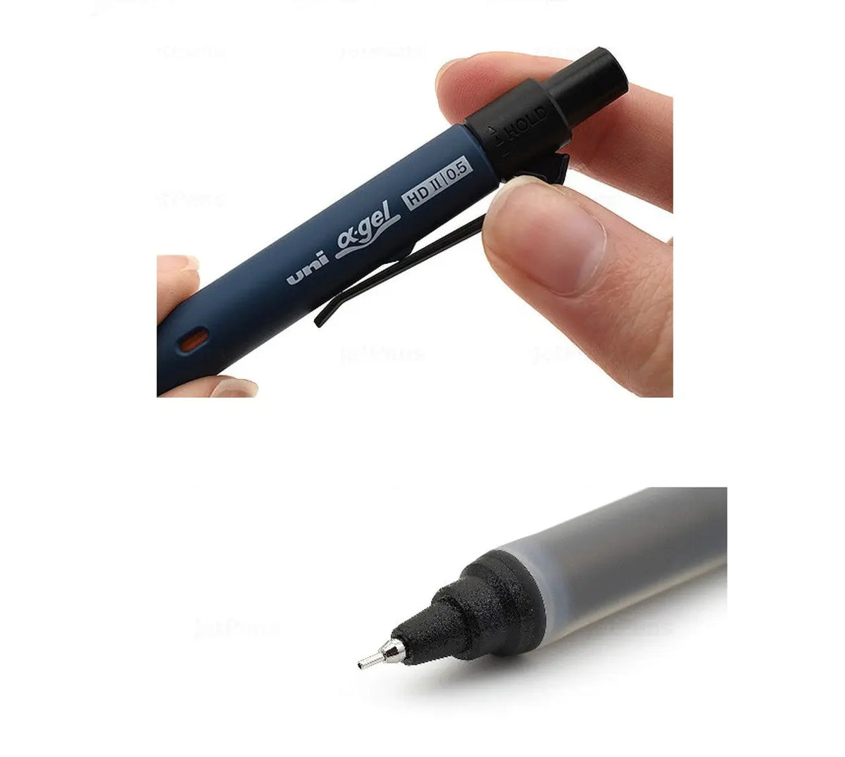 Uni Alpha Gel Switch kalemin HOLD düğmesi parmakla çevriliyor, altta yumuşak jel kavrama ve uç detayı