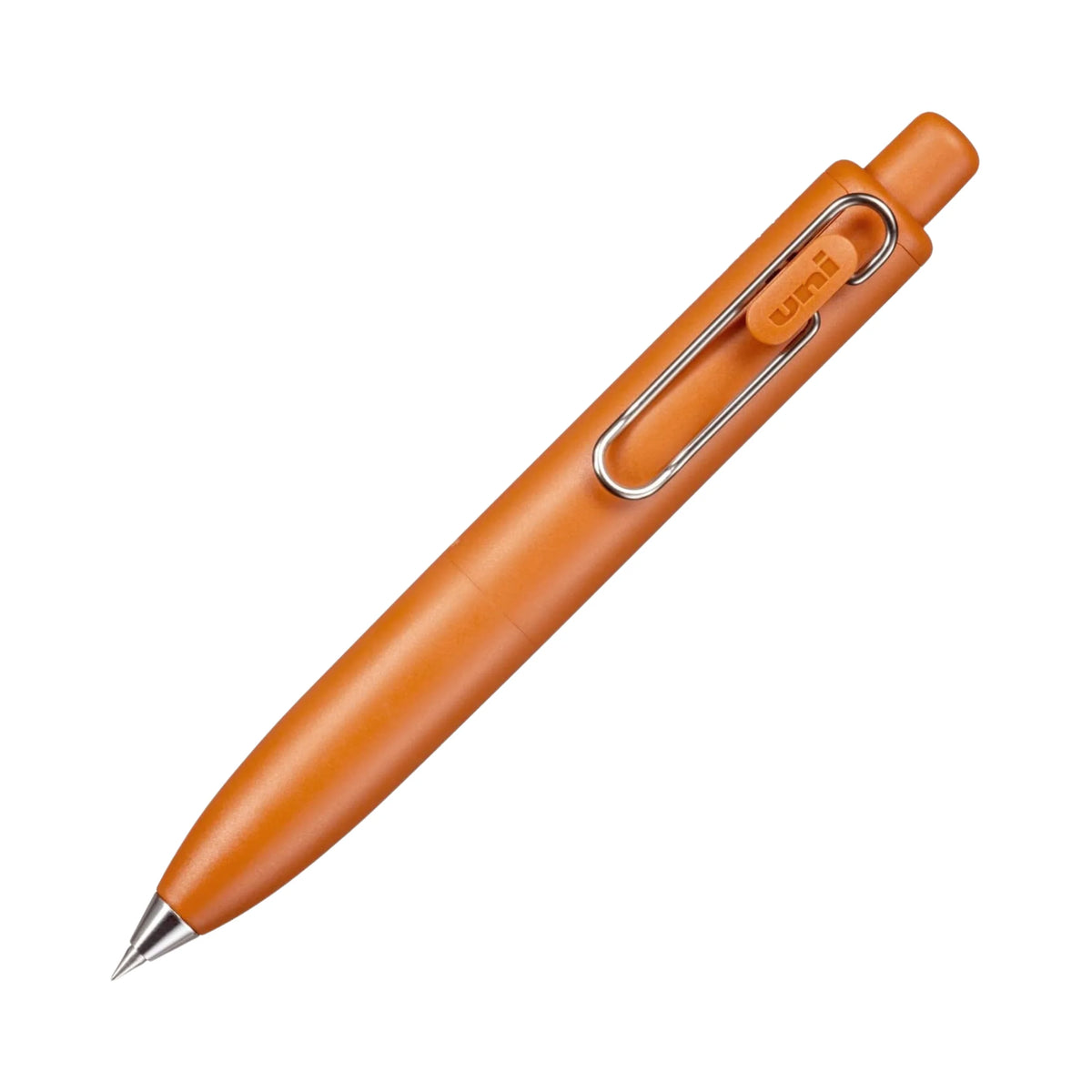 Uni-ball One P jel kalem turuncu gövde, ataş biçimli metal klips, tam boy görünüm, 0.38 mm