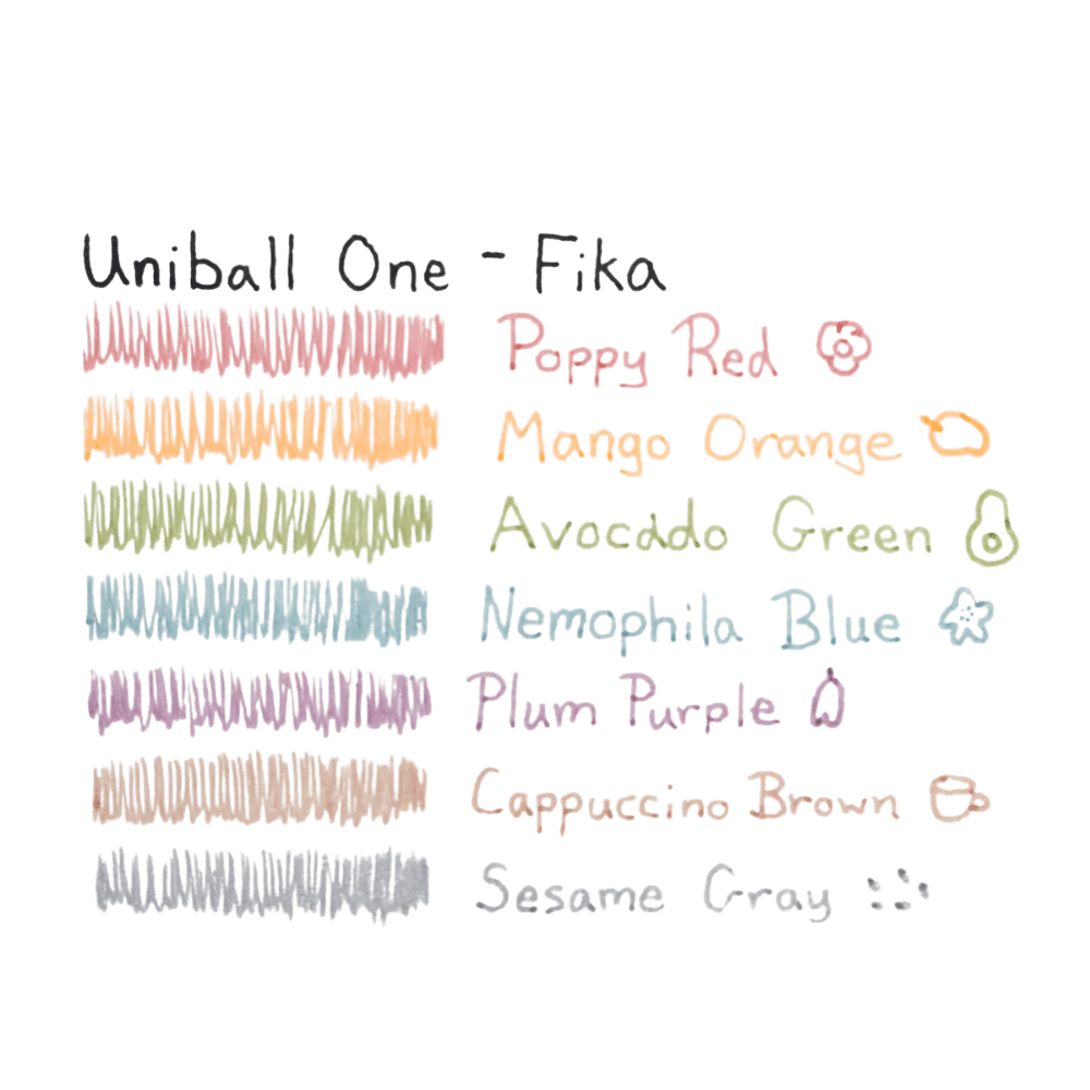 Uni-Ball One Fika renk kartelası; Poppy Red, Mango Orange, Avocado Green, Nemophila Blue, Plum Purple, Cappuccino Brown ve Sesame Gray