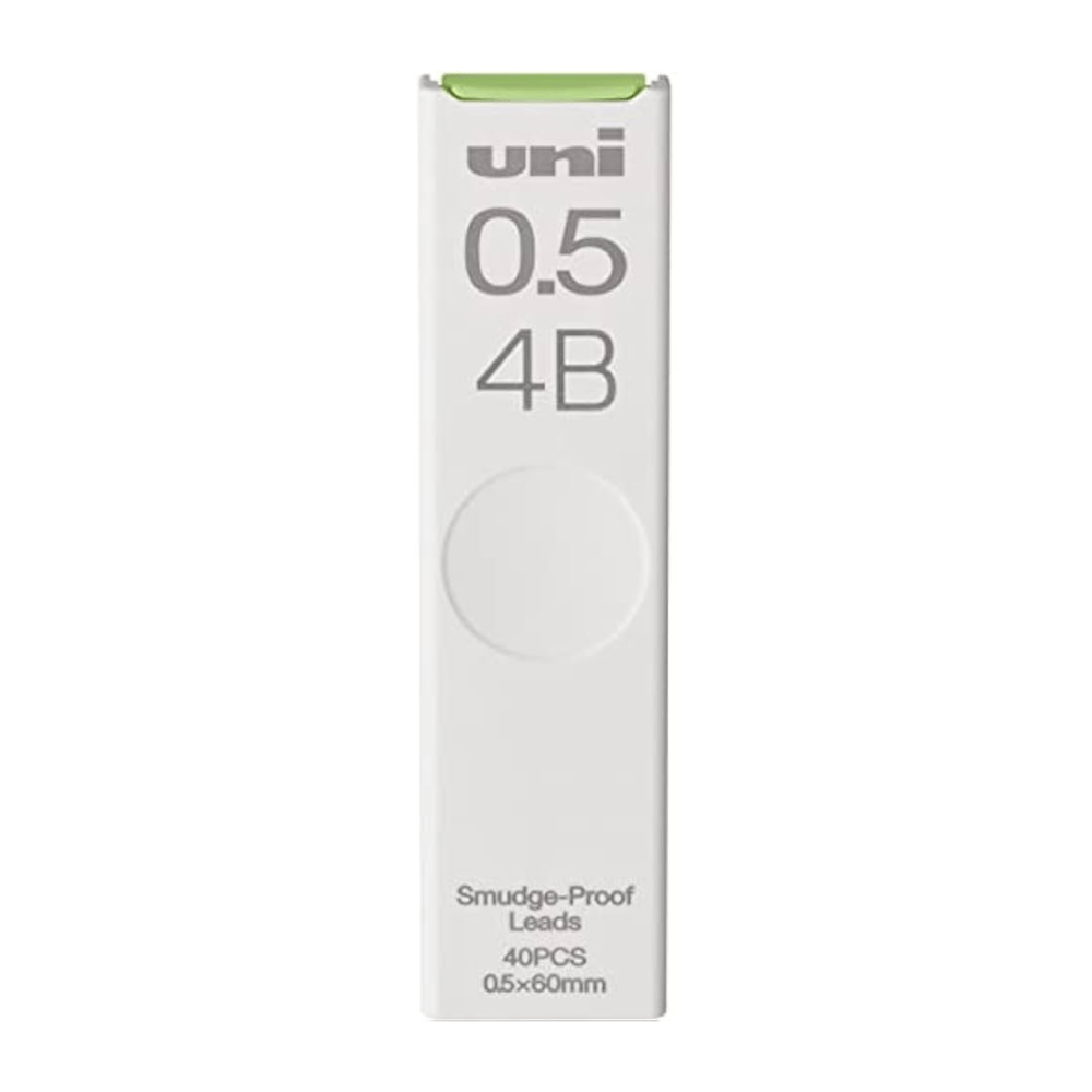 Uni 0.5 mm 4B Smudge-Proof uç tüpü, yeşil kapaklı beyaz ambalaj, 40 adet 0.5x60 mm uç