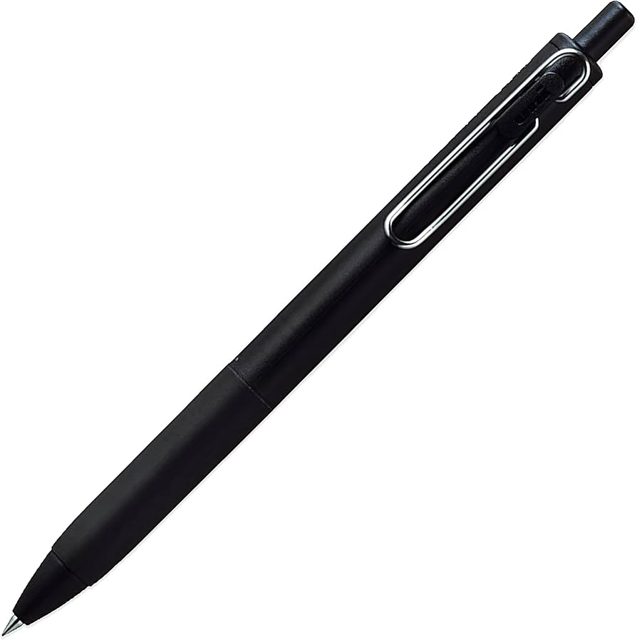 Uni-Ball One jel kalem siyah gövde ve ataş biçimli metal klips, tam boy görünüm, 0.5 mm