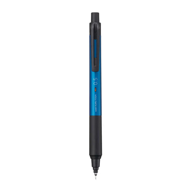 Uni Kuru Toga KS versatil kalem mavi gövde, dikey tam boy görünüm, siyah kavrama, 0.5 mm