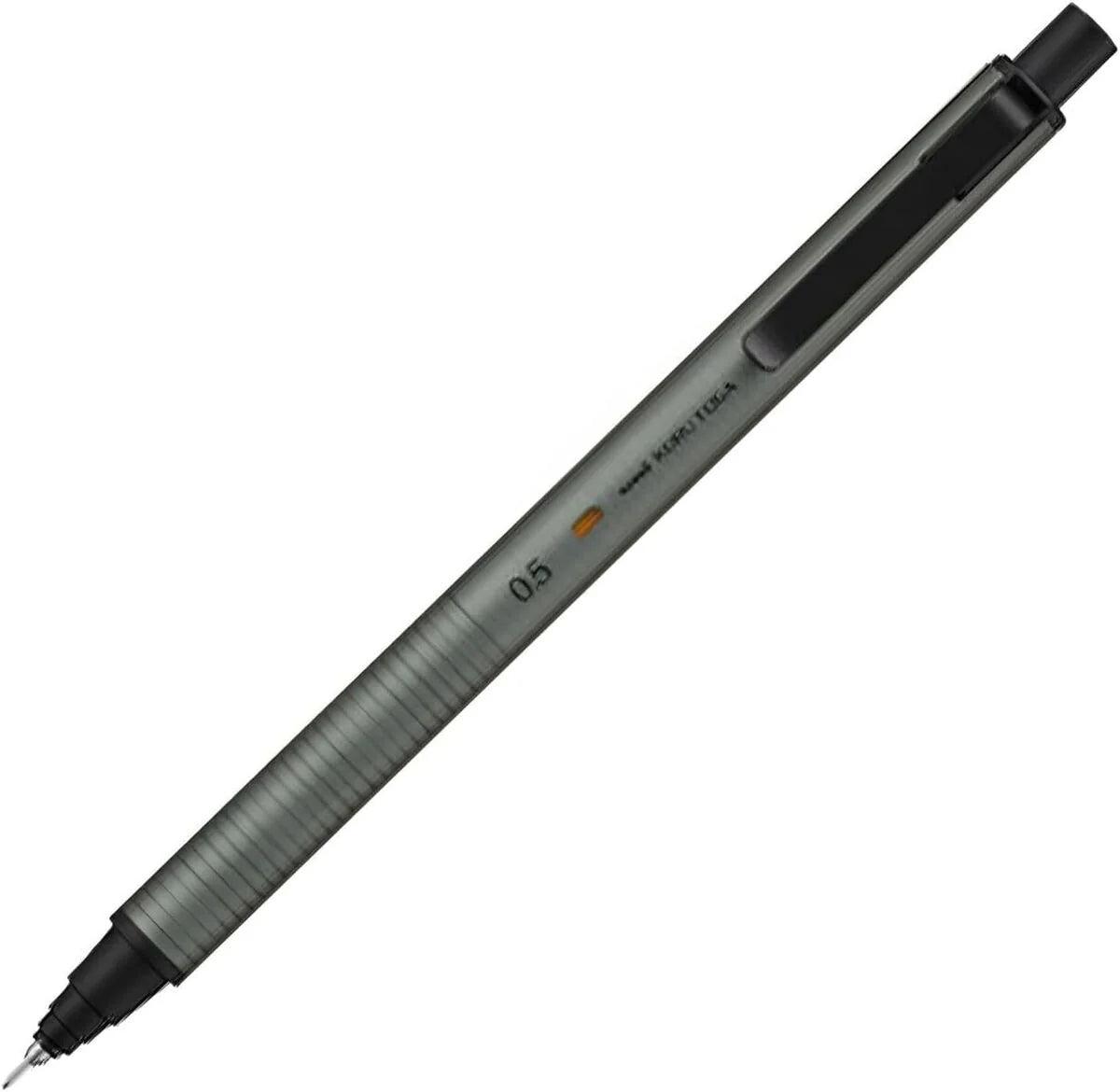 Uni Kuru Toga Metal versatil kalem gri gövde, siyah klips ve 0.5 baskısıyla tam boy görünüm