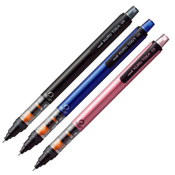 Uni Kuru Toga Pipe Slide versatil kalem üç renk, siyah, mavi ve pembe gövde yan yana, 0.5 mm