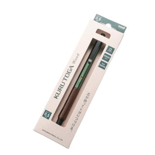 Uni Kuru Toga Wood orijinal karton ambalajı, pencereli kutu içinde yeşil kalem, 0.5 mm