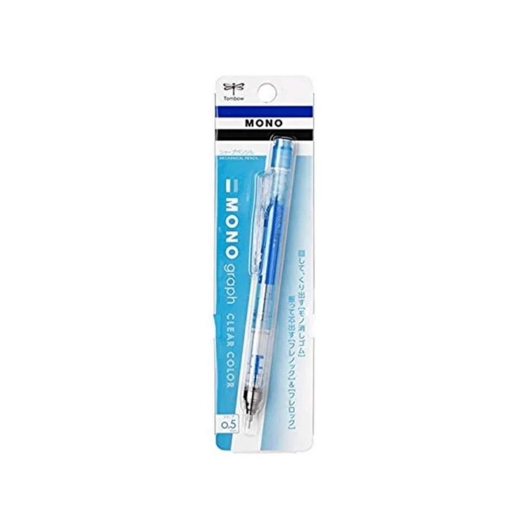 Tombow Mono Graph kalemin mavi beyaz blister ambalajı, MONO graph CLEAR COLOR yazısı ve 0.5 mm