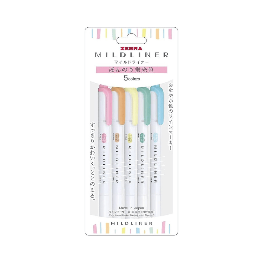Zebra Mildliner beş renkli pastel fosforlu kalem seti, orijinal Japonca ambalajında