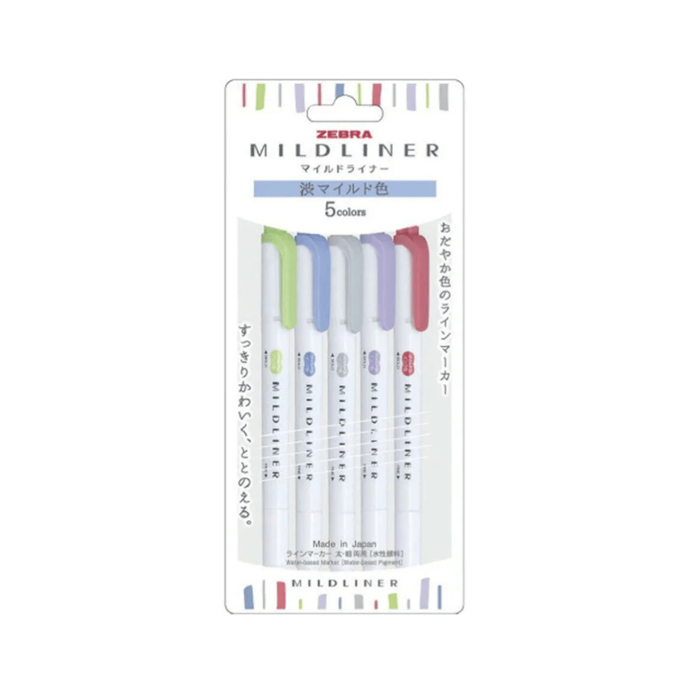 Zebra Mildliner Brush Pen 5 renk seti ambalajında; yeşil, mavi, gri, lila ve kırmızı