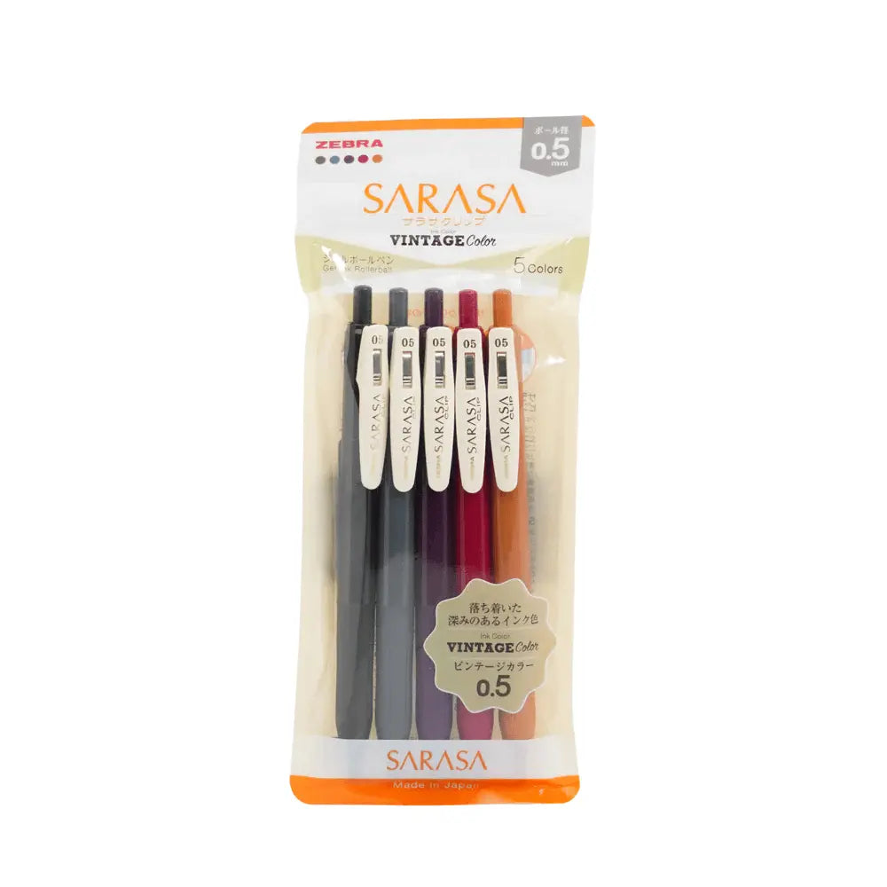 Zebra Sarasa Vintage jel kalem beşli set, orijinal ambalajında gri, mürdüm, bordo ve turuncu gövdeler, 0.5 mm