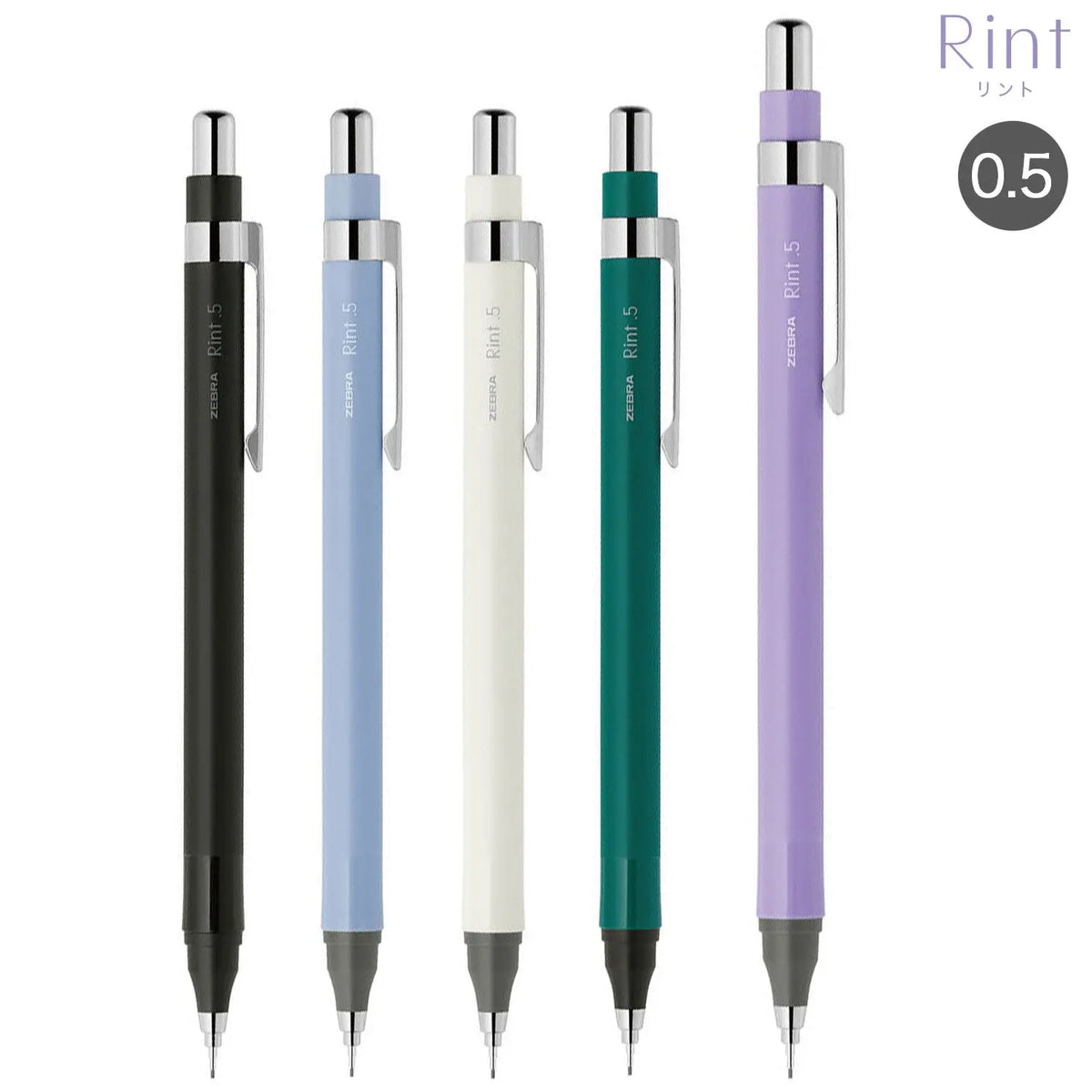 Zebra Rint versatil kalem beş renk yan yana, siyah, açık mavi, beyaz, yeşil ve mor, 0.5 mm
