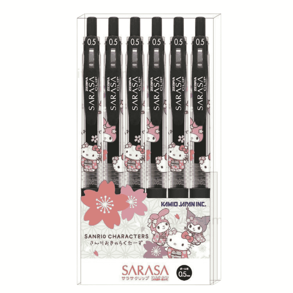 Zebra Sarasa Clip Sanrio 6'lı jel kalem seti, şeffaf kutuda kimonolu Hello Kitty ve My Melody baskılı gövdeler, 0.5 mm