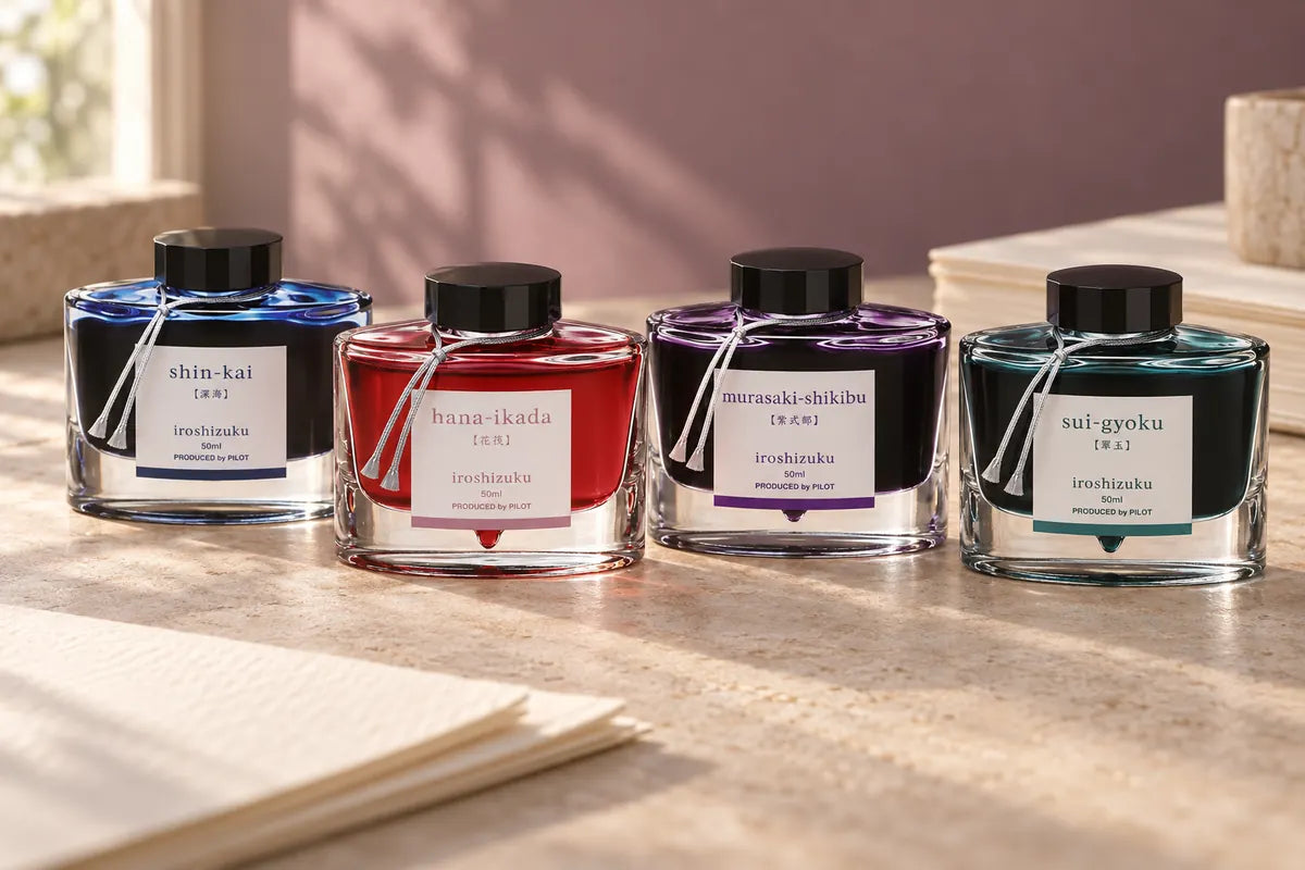 Pilot Iroshizuku Shin-Kai, Hana-Ikada, Murasaki-Shikibu ve Sui-Gyoku şişelerinin sıcak ışıklı masa kompozisyonu