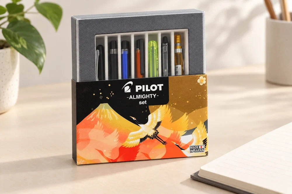 Pilot Almighty yedi parçalı kalem setinin kutusu ve içindeki kalemler
