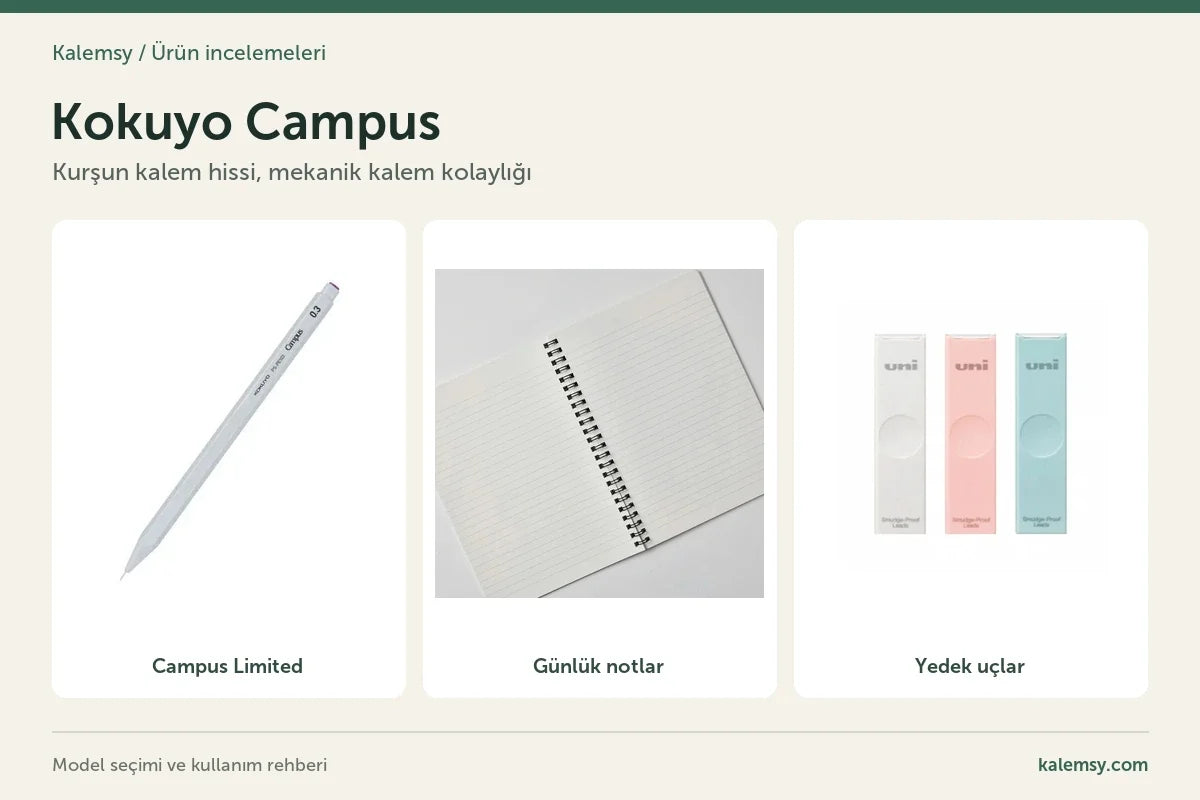 Gri Kokuyo Campus Enpitsu Sharp Limited, açık Apica defter ve beyaz, pembe, turkuaz Uni uç kutuları