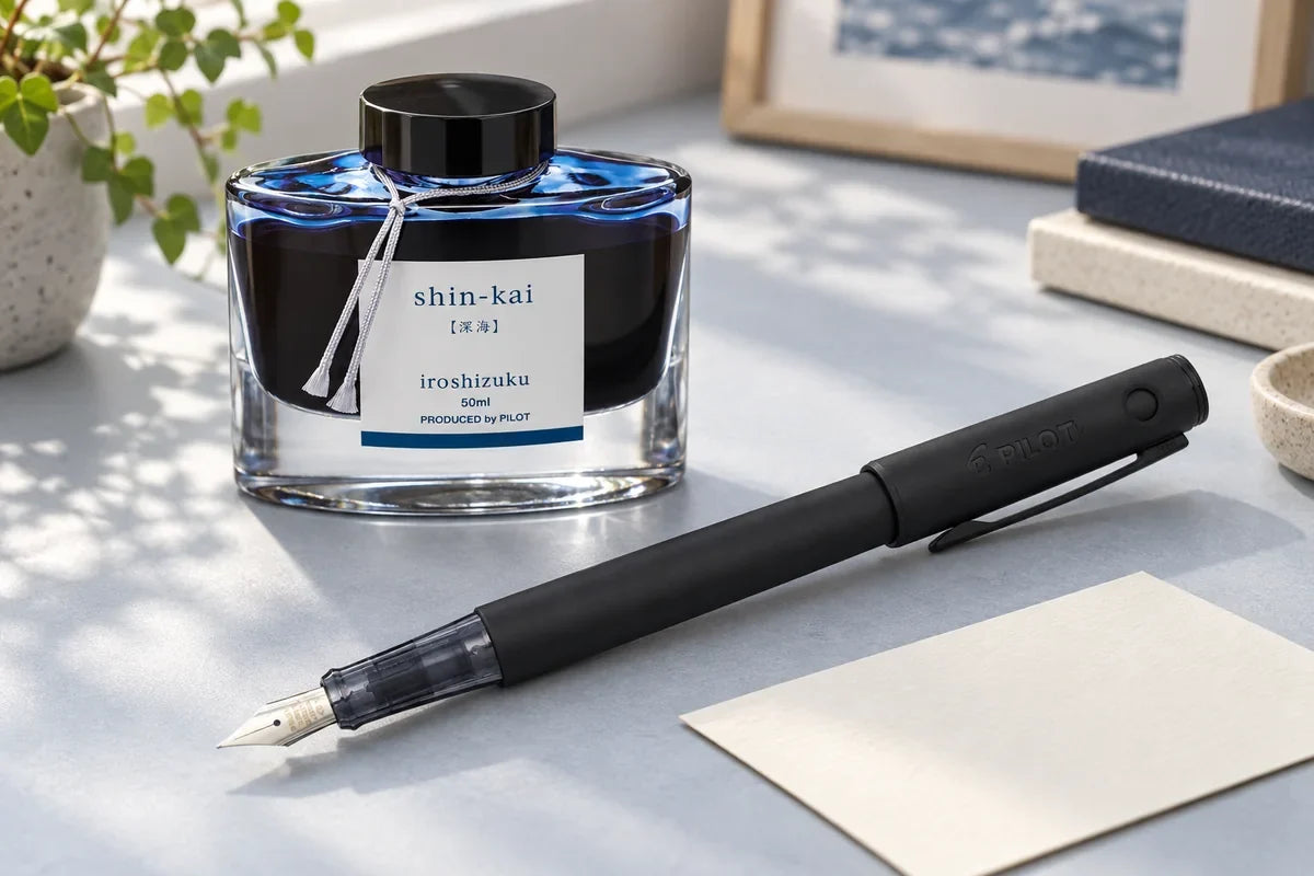 Mat siyah Pilot Explorer ve kapalı Pilot Iroshizuku Shin-kai mürekkep şişesi