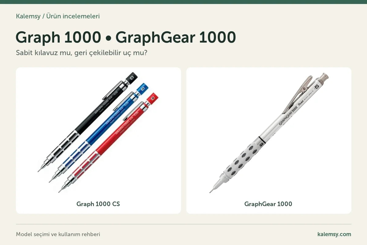 Siyah, mavi ve kırmızı Pentel Graph 1000 CS ile gümüş GraphGear 1000