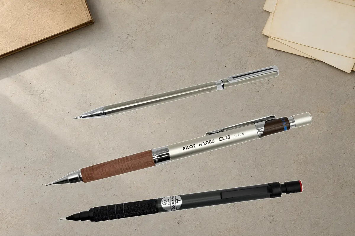 Arşiv masasında Tombow SH500SS, Pilot H-2085'in kodlu gövdesi ve Uni M5-1052'nin tam gövde katalog fotoğrafı